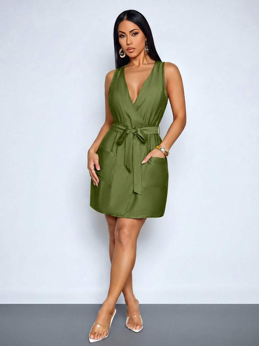 SOLERSUN Elegant And Casual V-Neck, Fitted Waist, Belted Short Dress For Women, Suitable For Everyday Commuting And Casual Wear, Beach Vacations, Mother's Day Short Dress, Yellow Dress.