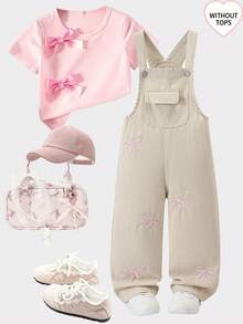 SHEIN Playful Pals 女童牛仔連身褲，四季休閒牛仔女郎西式百搭風格，復古淺藍色前口袋，蝴蝶結刺繡，寬鬆直筒夏季款 - 卡其色 - 查看 4