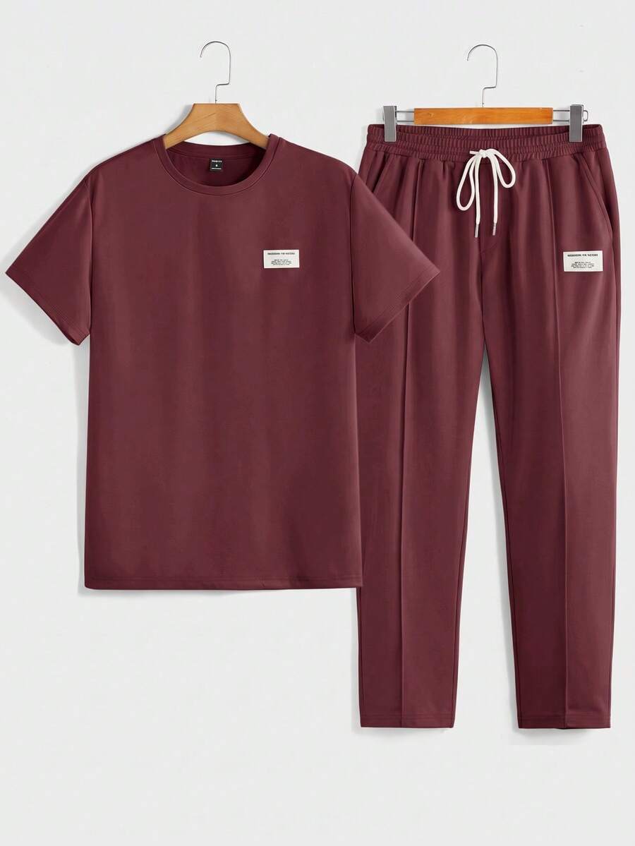 Manfinity VCAY Men's Crew Neck Short Sleeve T-Shirt And Drawstring Waist Long Pants Casual Daily Outfit - Burgundy - View 1