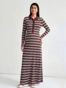 Modmama Maternity Brown Button Half-Placket Long Sleeve Casual Baggy Dress Autumn Photoshoot Formal - Multicolor - View 4