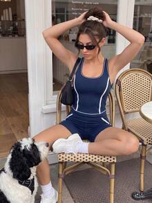 SHEIN Dewbera Women's 2-Piece Sporty Casual Set, Blue & White Colorblock Slim Fit Split Line Racerback Tank Top And Tight Butt-Lifting Curved Back Shorts - Navy Blue - View 12