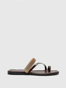 CUCCOO BIZCHIC Minimalist Dark Brown Leather Metal Spring Coil Toe Flats, Women's Elegant Casual Open-Toed Sandals - Mocha Brown - View 2
