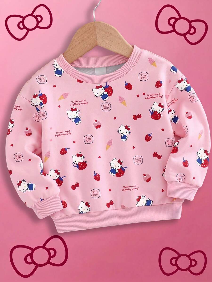 HELLO KITTY AND FRIENDS | SHEIN GraphicGems 女嬰圓領卡通印花休閒日常長袖運動衫 - 粉色 - 查看 1