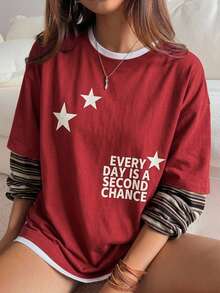 DAZY Women's Round Neck Contrast Stripe Korean Style Print Long Sleeve T-Shirt - Red - View 10