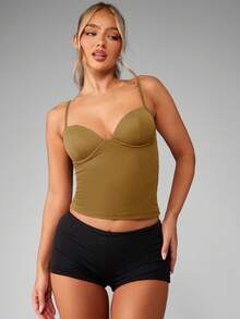 MISSGUIDED Olive Green Longline Corset Bustier Tank Top With Spaghetti Straps Fitted Bodycon Style For Summer Casual Outfits - Camel - View 3