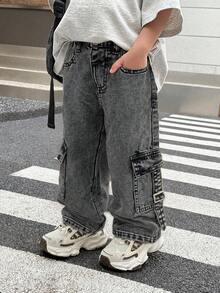 SHEIN Celana Jeans Hitam Longgar Model Distressed Washed Modis untuk Anak Laki-Laki, Dilengkapi Saku Kargo, Santai dan Serbaguna untuk Streetwear Musim Semi - Dark Grey - View 6