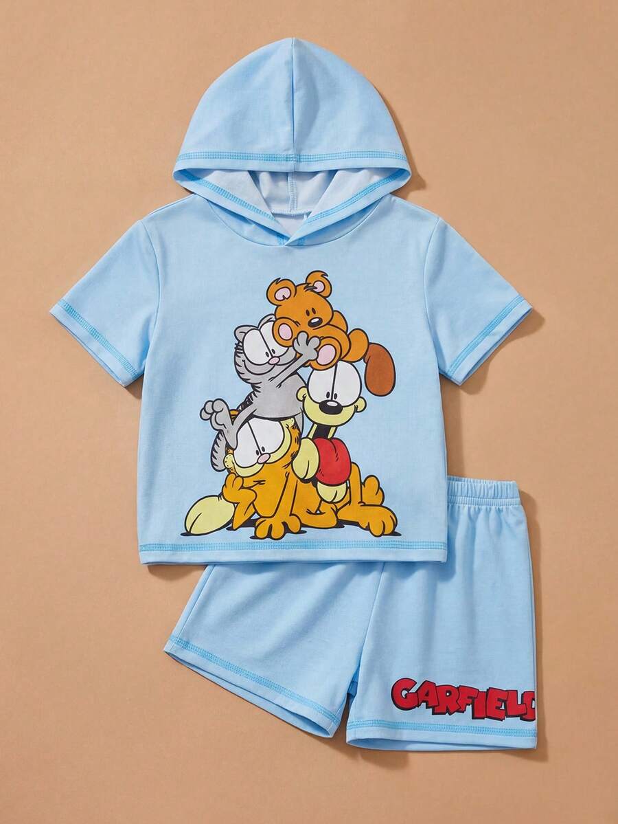 GARFIELD | SHEIN 男婴卡通印花连帽短袖T恤和短裤休闲日常穿搭 - 藍色 - 查看 1