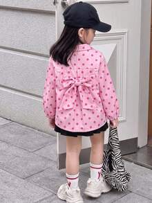 SHEIN Vintaside Kids 女童粉色波點翻領七分袖上衣，背後大蝴蝶結設計，長袖鈕扣開襟，秋季度假上衣 - 粉色 - 查看 4