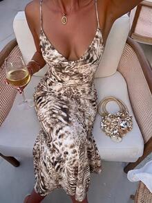 Aloruh Women's Vacation Beach Vacation Animal Print Backless Halter Dress Beige Summer Sexy Tropical - Beige - View 6