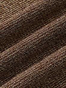 SHEIN New Spring Fall Minimal Sparkle Thread Rib Knit Tee Women Notch Collar V Neck Mid Sleeve Retro Fitted - Brown - View 8