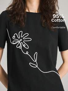 Ontre 夏季女款寬鬆黑色花卉短袖T恤，對比繩飾刺繡布料，圓領休閒通勤日常日穿 - 黑色 - 查看 2