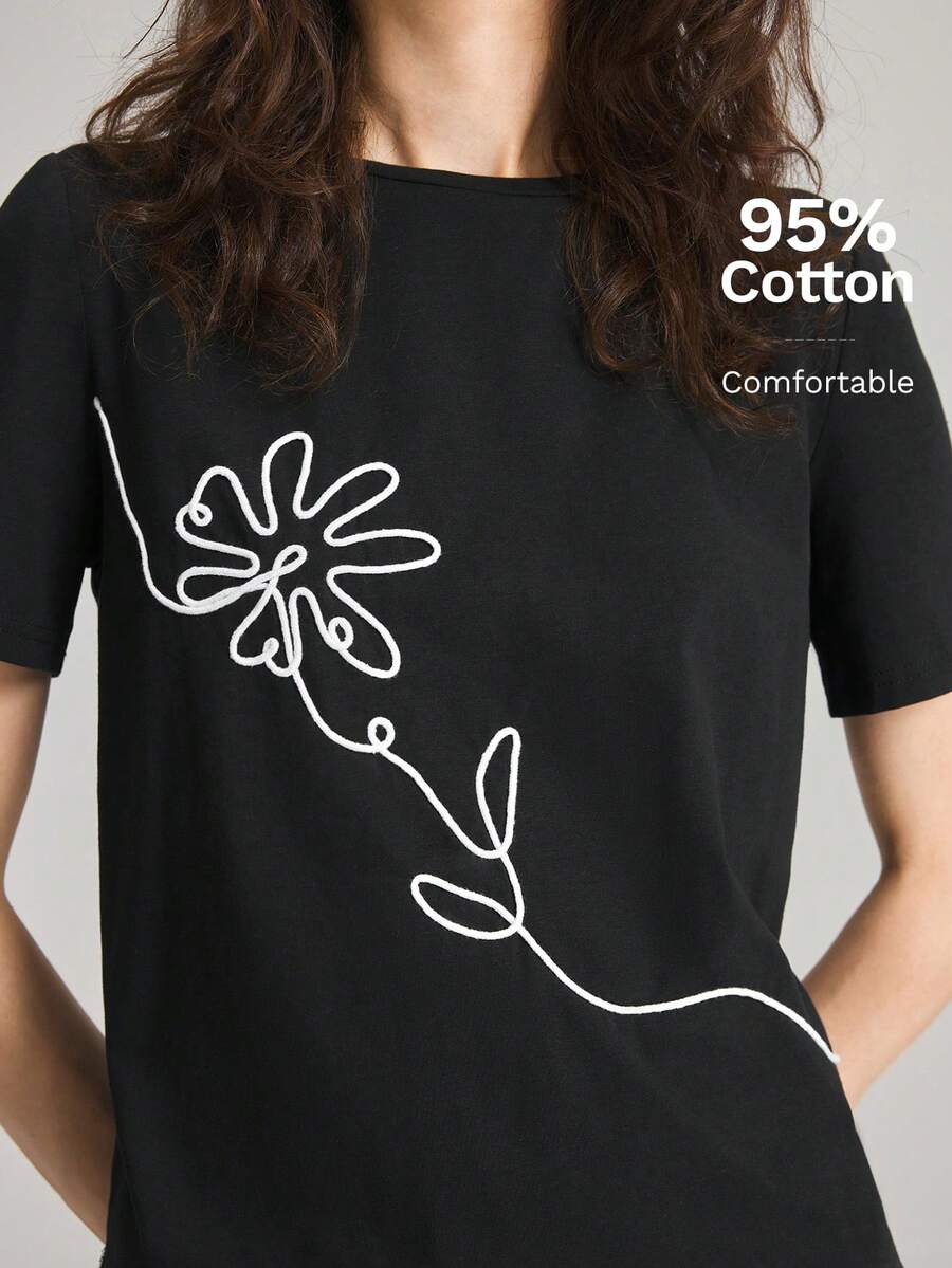 Ontre 夏季女款寬鬆黑色花卉短袖T恤，對比繩飾刺繡布料，圓領休閒通勤日常日穿