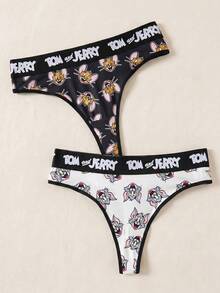 TOM & JERRY X SHEIN 2件組女款黑白卡通印花對比字母貼帶性感丁字褲，可愛柔軟舒適，甜美日系卡通女用丁字內褲 - 黑與白 - 查看 1