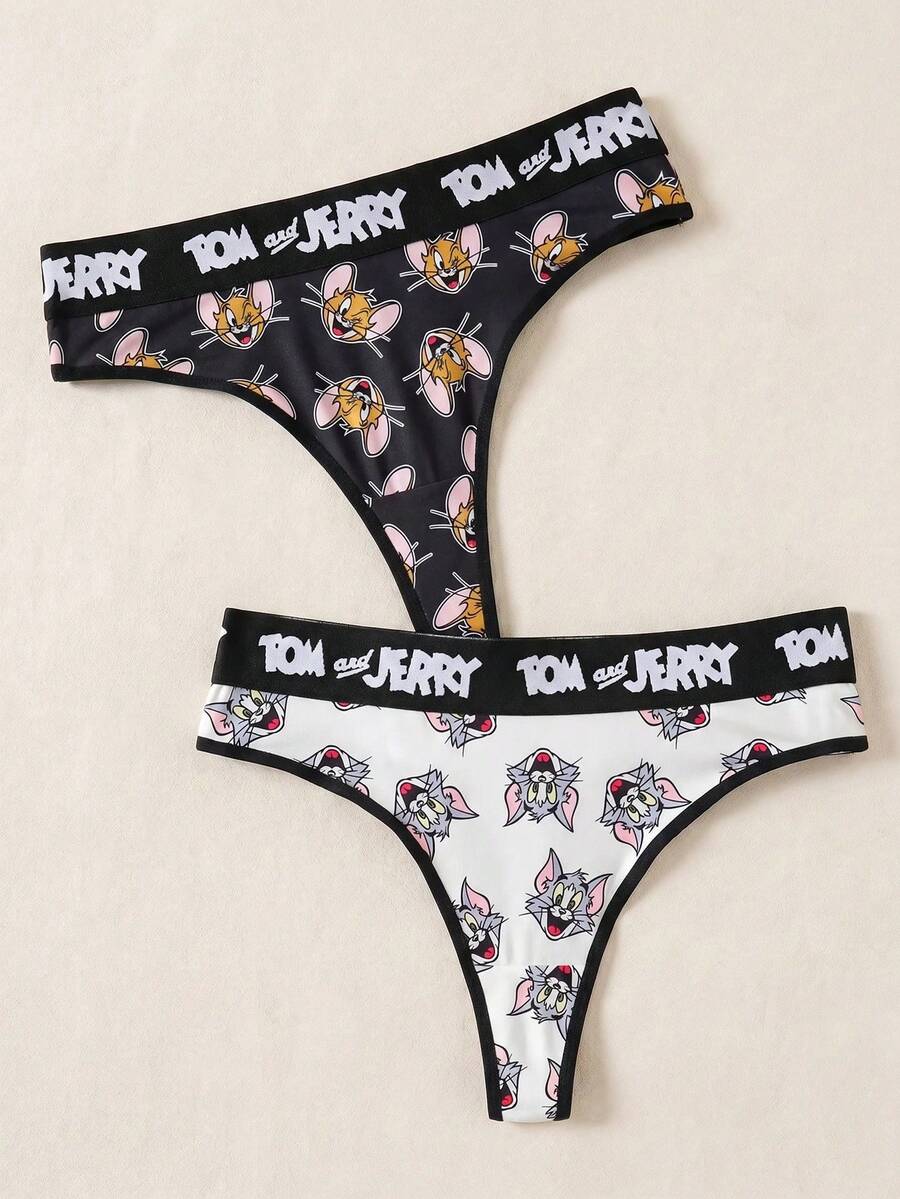 TOM & JERRY X SHEIN 2件組女款黑白卡通印花對比字母貼帶性感丁字褲,可愛柔軟舒適,甜美日系卡通女用丁字內褲 - 黑與白 - 查看 1