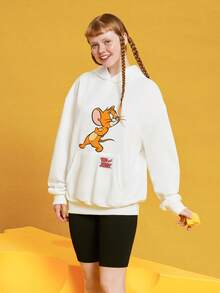 TOM & JERRY X SHEIN هوديي مطبوع بطبعة كرتونية قطعة واحدة، ملابس علوية بأكمام طويلة يناسب الجنسين - أبيض - مشاهدة 4