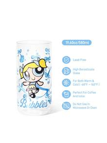THE POWERPUFF GIRLS X SHEIN 1個 19.60oz/580ml L號可愛卡通圖案印花硼矽玻璃杯，耐冷耐熱，適用於牛奶、果汁、咖啡、氣泡水等，草莓、蝴蝶結、貓咪圖案 - 無色 - 查看 3