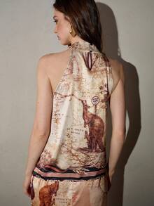 MOTF PREMIUM Top sin mangas con cuello halter retorcido y estampado de pañuelo de seda satinado - Caqui - Ver 7
