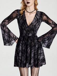 Breakform Gothic Goth Halloween Sexy Romantic Lace Flocked-Print Short Dress With Blurred Rose Pattern Bell-Sleeve Mini Night Grey Autumn - Black - View 3