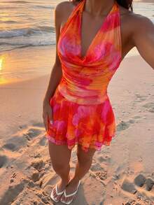 SHEIN Summer New Women's Fashion Sexy Tropical Printed 2 Pieces Set - Cowl Neck Design - Ruched Waist Design - Ruffle Design - Vacation - Beach Pink Floral - Red - View 5