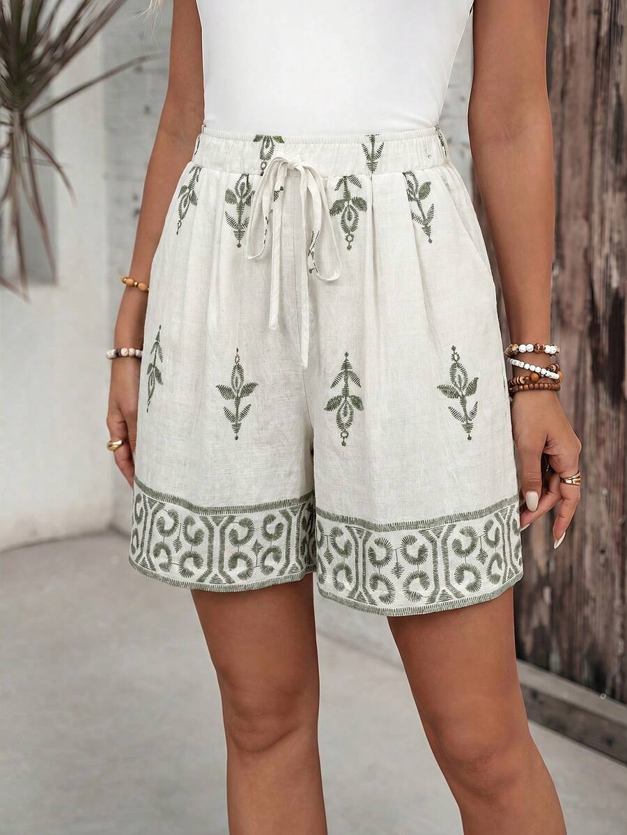 EMERY ROSE Women's Drawstring Waist Pattern Print Casual Boho Modest Shorts Vacation Pastel Green Summer Beach Panlakad - Green - View 1