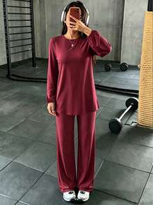 SHEIN With My Calm Arab Full Coverage Sports Wear 2 Pieces Loose Active Set - Burgundy - View 3