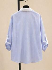 EMERY ROSE Plus Size Casual Commuter Striped Shirt Fall - Blue and White - View 2