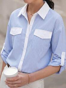 EMERY ROSE Plus Size Casual Commuter Striped Shirt Fall - Blue and White - View 6