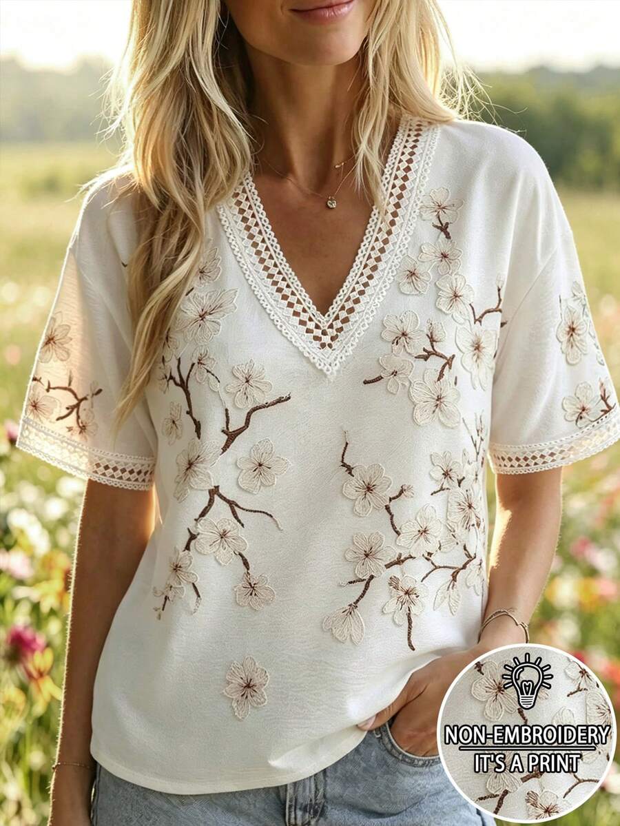 Selamara New Women's Casual Loose Slimming Lace V-Neck Printed Short Sleeve Blouse - White - View 1