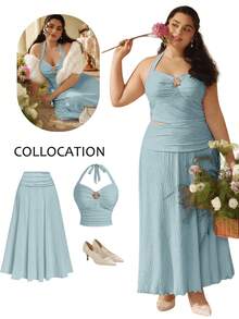 SHEIN MOD 加大码杏色提花面料吊带上衣和迷你裙两件套 - 薄荷藍 - 查看 12