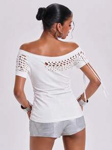 ROMWE Vintage Y2K Burnout Perforated Rivet Design Loose Asymmetrical Shoulder T-Shirt - White - View 2