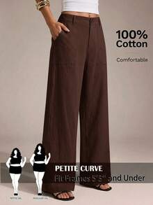 SHEIN PETITE CURVE 大尺碼女款純色口袋寬腿寬鬆休閒長褲 - 棕色 - 查看 1
