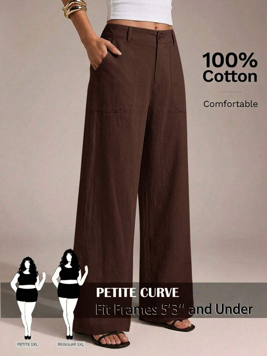 SHEIN PETITE CURVE 大尺碼女款純色口袋寬腿寬鬆休閒長褲 - 棕色 - 查看 1