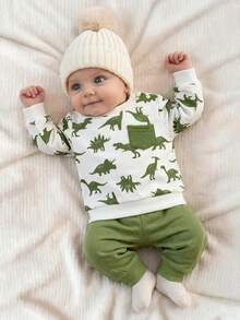 SHEIN 新生女嬰可愛休閒針織卡通恐龍圖案長袖彈性腰長褲2件套 - 綠色 - 查看 2
