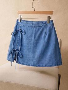 Elaquor Plus Size Women's Side Tie Waist Split Hem Casual Sexy Loose Fit Denim Skirt Date Night Birthday Club Blue Summer - Medium Wash - View 9
