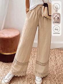 Isle Nomé Women's Spring/Summer Cotton Blend Loose Lace Patchwork Wide Leg Long Pants, Suitable For Beach Vacation, Travel, Daily Wear And Home - Khaki - View 1