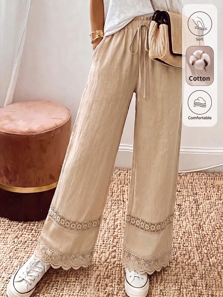 Isle Nomé Women's Spring/Summer Cotton Blend Loose Lace Patchwork Wide Leg Long Pants, Suitable For Beach Vacation, Travel, Daily Wear And Home - Khaki - View 1