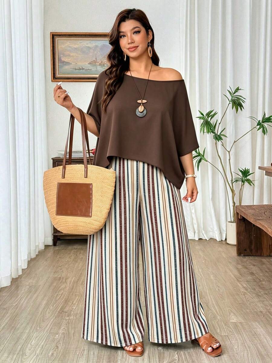 Weeklong Plus Size Women's Asymmetrical Shoulder Batwing Short Sleeve Top And Wide Leg Pants Striped Print Two Pieces Set, Casual Vacation Mature Comfortable Spring Summer - Khaki - View 1