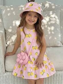 Emery Rose Kids Emery Rose Kids 女童條紋檸檬印花圓領無袖洋裝 - 彩色 - 查看 1