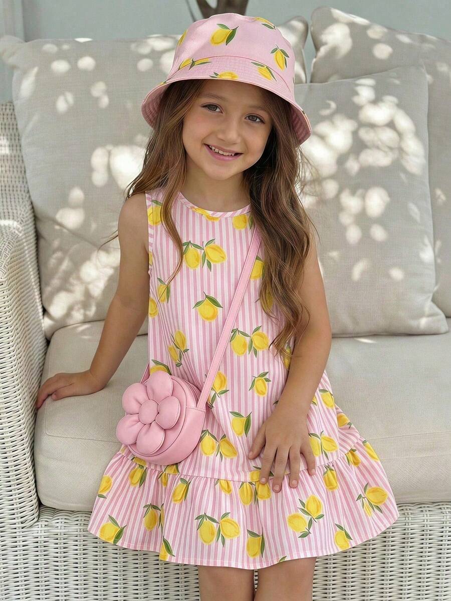 Emery Rose Kids Emery Rose Kids 女童條紋檸檬印花圓領無袖洋裝 - 彩色 - 查看 1
