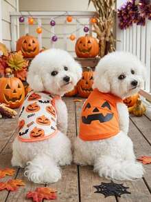 2pcs Pet Cat Dog Universal Halloween Orange Pumpkin Funny Expression Pattern Print Fashionable Breathable Comfortable Dog Vest, PETSIN Original Design - Multicolor - View 2