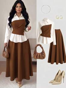 Elenzga Plus Size Women's Summer Elegant Elegant Lapel Long Sleeve Design Brown Patchwork Waist-Cinching Shirt And High Waist Long A-Line Skirt Casual Slimming Daily Commute Two Pieces Set - Brown - View 1