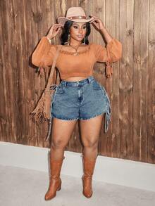 Slaydiva Plus Size Summer Casual Side Slit Lace-Up Denim Shorts - Blue - View 5