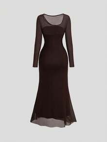 Sweetra Sweet Minimalist Sexy Hot Girl Style Mesh Strapless Bodycon Fishtail Dress Fashion Party Night Out Autumn Elegant Metal Buckle Mature Woman Dark Brown - Brown - View 4