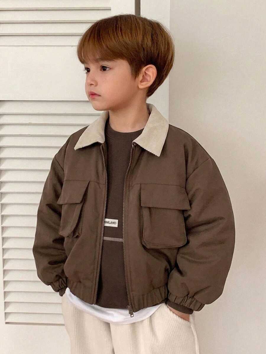 Dazy Kids Young Boy Contrast Color Zipper Casual Versatile Daily Wear Winter Padded Coat Fall - Brown - View 1