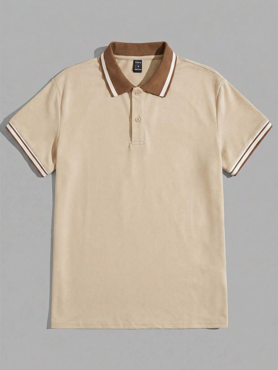 SWAVVY Men's Button Half-Placket Striped Contrast Color Knit Polo Shirt - Khaki - View 1