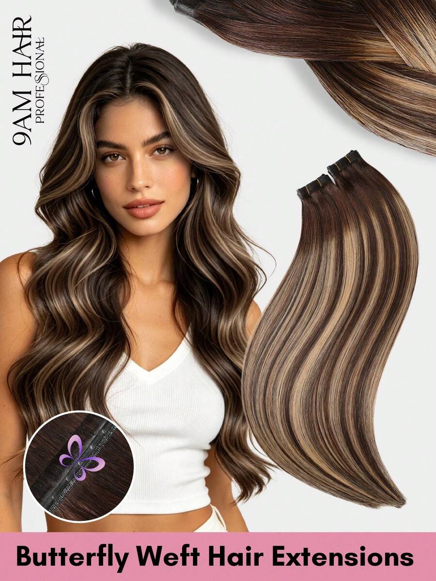 蜂蜜金 Balayage 蝴蝶髮片 100% Remy 真人髮接髮 薄款扁平 PU 孔洞髮片 不掉髮 柔軟絲滑 直髮 可裁剪 可縫製 微接髮片 自然立體挑染 女用 沙龍級