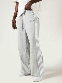 SUMWON Club Side Stripe Fleece Sweatpants With Drawstring Waist And Raw Hem Casual Lounge Pants - Grey - View 1