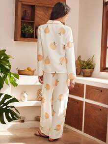Rosleepa Women's Fruit Print Long Sleeve Single-Breasted Top And Pants Pajama Set - White - View 2