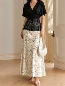 Modelyn Vintage Elegant Polka Dot Satin Skirt With Lace Waist Design, Soft Elegant Commuter Style - Apricot - View 5