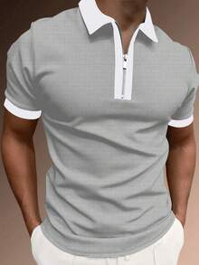 Manfinity Homme 男士夏季休閒拼色拼接 Polo 衫 - 灰色 - 查看 1